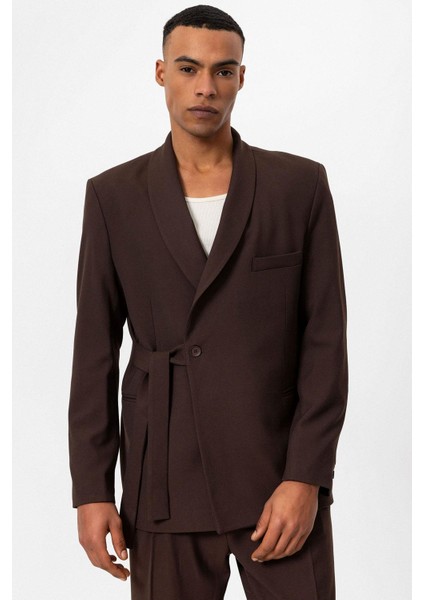 Kahve Kruvaze Kapama Kuşaklı Erkek Blazer Ceket