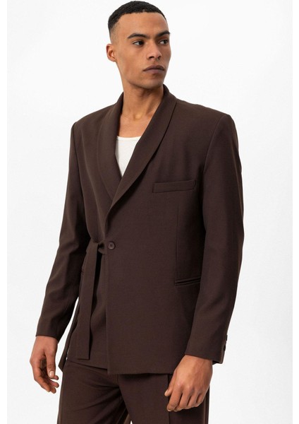 Kahve Kruvaze Kapama Kuşaklı Erkek Blazer Ceket