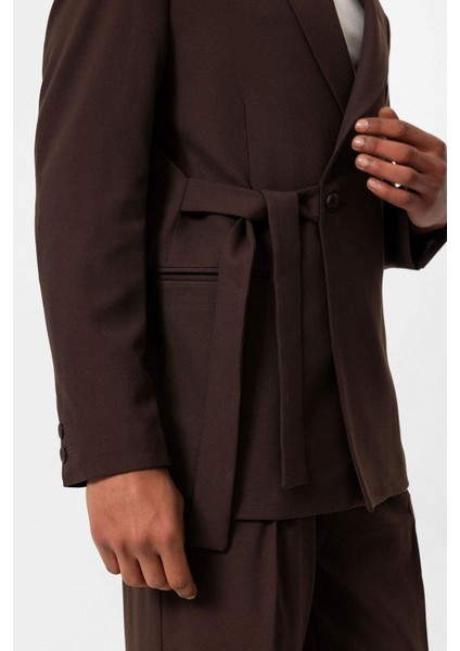 Kahve Kruvaze Kapama Kuşaklı Erkek Blazer Ceket