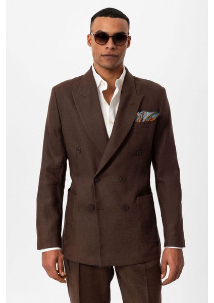 Kahve 100% Keten Kruvaze Kapama Erkek Blazer Ceket