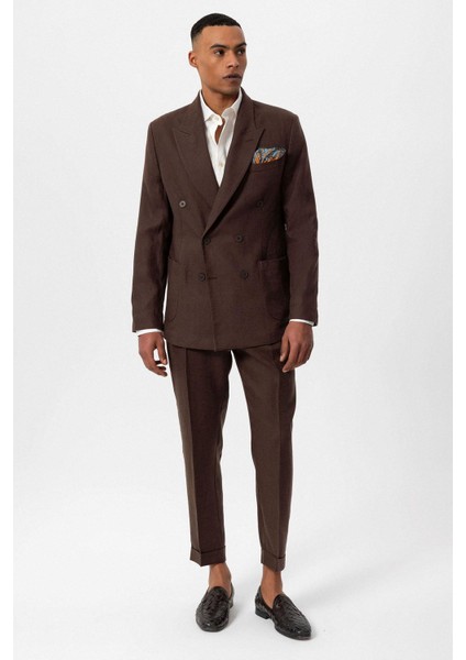 Kahve 100% Keten Kruvaze Kapama Erkek Blazer Ceket