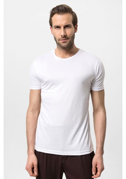 Ekru Bisiklet Yaka Slim Fit Erkek T-Shirt