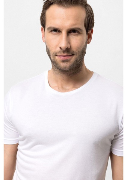 Ekru Bisiklet Yaka Slim Fit Erkek T-Shirt fırsatları