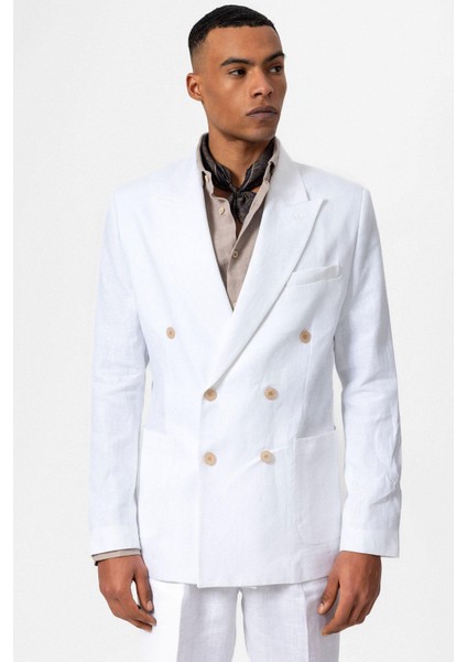 Beyaz 100% Keten Kruvaze Kapama Erkek Blazer Ceket