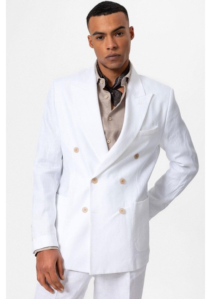 Beyaz 100% Keten Kruvaze Kapama Erkek Blazer Ceket
