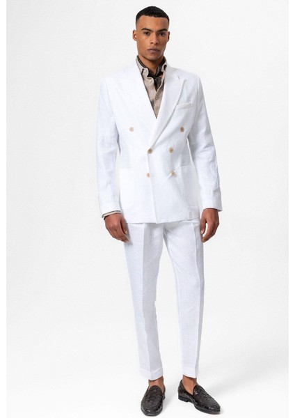 Beyaz 100% Keten Kruvaze Kapama Erkek Blazer Ceket