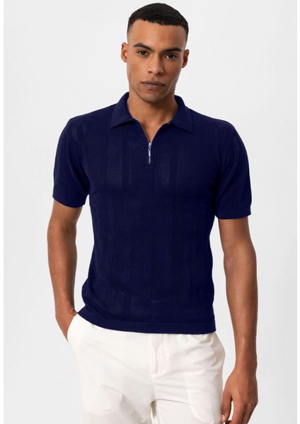 Lacivert Polo Yaka Fermuarlı Örme Erkek T-Shirt