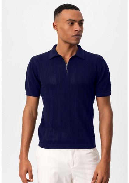 Lacivert Polo Yaka Fermuarlı Örme Erkek T-Shirt modelleri