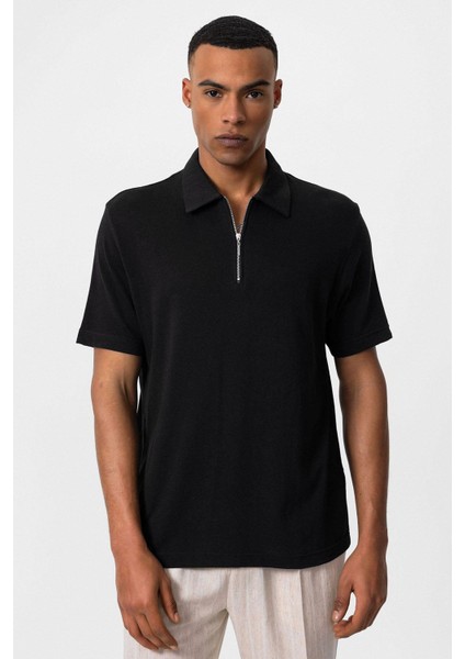 Siyah Polo Yaka Fermuarlı Erkek T-Shirt