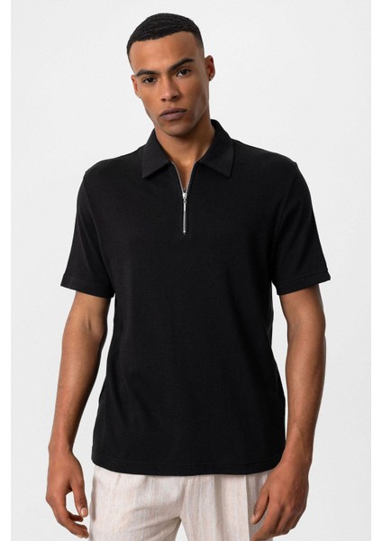 Siyah Polo Yaka Fermuarlı Erkek T-Shirt indirimleri