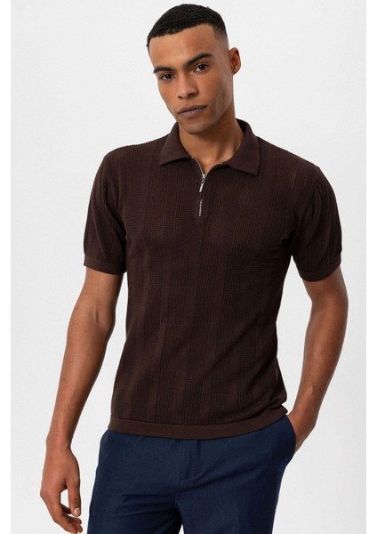 Kahve Polo Yaka Fermuarlı Örme Erkek T-Shirt