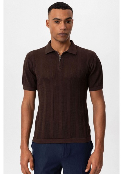 Kahve Polo Yaka Fermuarlı Örme Erkek T-Shirt fırsatları