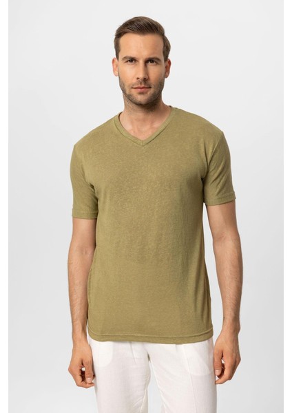 Haki V Yaka Basic Erkek T-Shirt