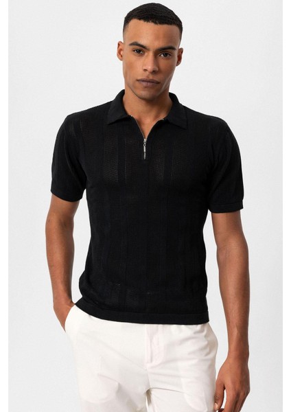 Siyah Polo Yaka Fermuarlı Örme Erkek T-Shirt