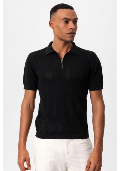 Siyah Polo Yaka Fermuarlı Örme Erkek T-Shirt modelleri