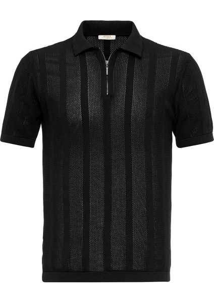 Siyah Polo Yaka Fermuarlı Örme Erkek T-Shirt indirimleri