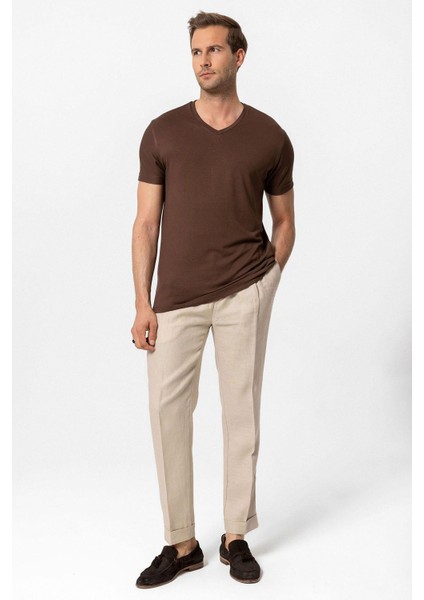 Kahve Basic V Yaka Erkek T-Shirt fiyatları