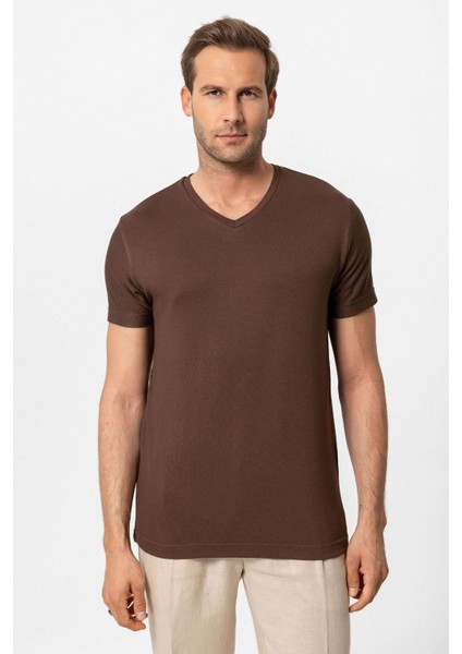 Kahve Basic V Yaka Erkek T-Shirt modelleri