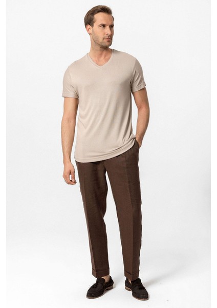 Koyu Bej Basic V Yaka Erkek T-Shirt modelleri