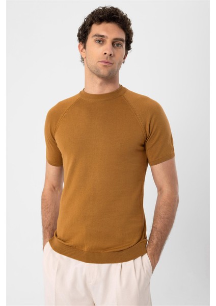 Tütün Bisiklet Yaka Triko T-Shirt