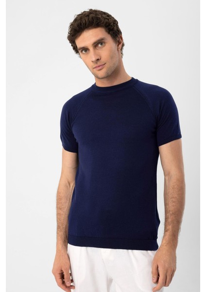 Lacivert Bisiklet Yaka Triko T-Shirt