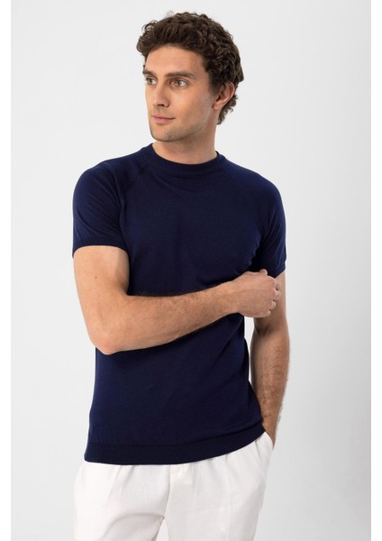 Lacivert Bisiklet Yaka Triko T-Shirt modelleri