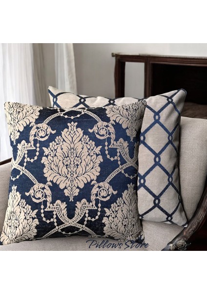 Çiçek-Zincir Desenli Lacivert-Krem Kırlent Kılıfı Seti - 2 Adet 45CM*45CM