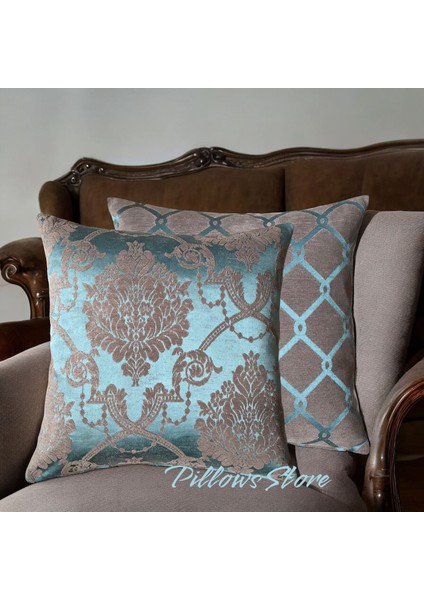 Çiçek-Zincir Desenli Turkuaz- Kahverengi Kırlent Kılıfı Seti - 2 Adet 45CM*45CM