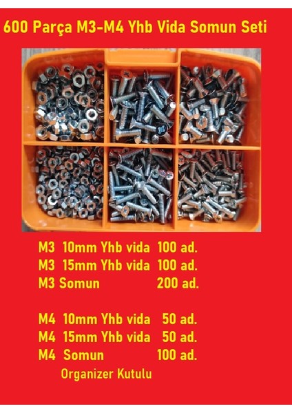 M3-M4 Yhb Vida Somun SETI-600 Adet   Boy 10-15  mm Organizer Kutulu