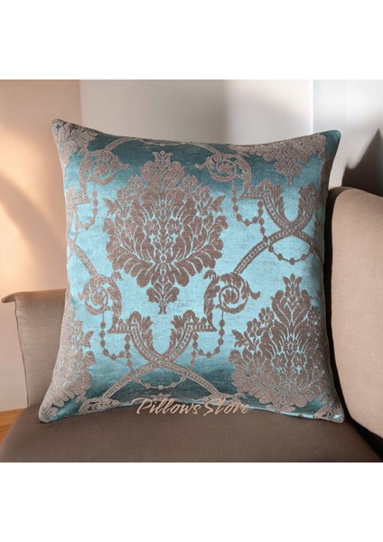 Çiçek-Zincir Desenli Turkuaz- Kahverengi Kırlent Kılıfı Seti - 2 Adet 45CM*45CM