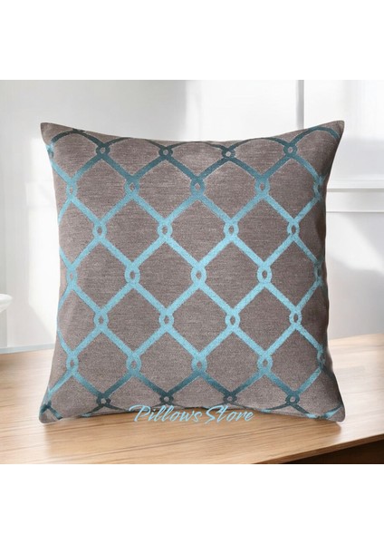 Çiçek-Zincir Desenli Turkuaz- Kahverengi Kırlent Kılıfı Seti - 2 Adet 45CM*45CM