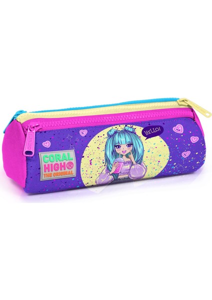 Üç Bölmeli Mor Pembe Anime Kız Desenli Kalem Çantası