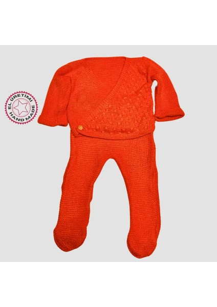 El Örgüsü Bebek Hastane Çıkışı Zıbın ve Patikli Pantolon 2 Li Takım 3-6 Ay - Turuncu