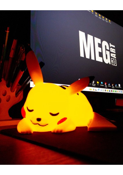 Meg Art 3D Uyuyan Pikachu Figürü Dekoratif Lamba Masaüstü Aydınlatma Taşınabilir Lambası