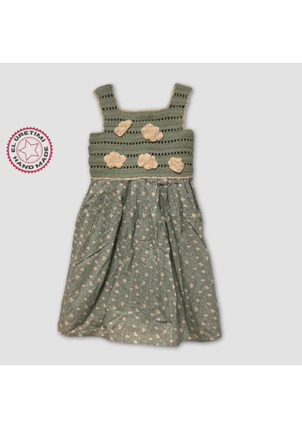 Kız Çocuk Örme Kafesli Robalı Bulut Desenli Elbise 3 Yaş - Mint Yeşili
