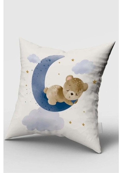 Ay Üzerinde Uyuyan Ayı, Çift Taraflı, Ithal Kadife Kumaş, Çocuk Bebek Odası Kırlent Kılıfı