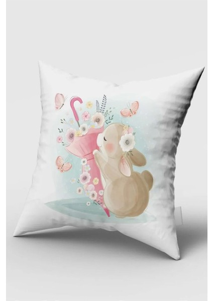 Tavşan ve Şemsiyesi, Çift Taraflı, Ithal Kadife Kumaş, Çocuk Bebek Odası Kırlent Kılıfı