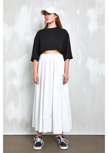 Beyaz Poplin Beli Lastikli Uzun Etek 27321 modelleri
