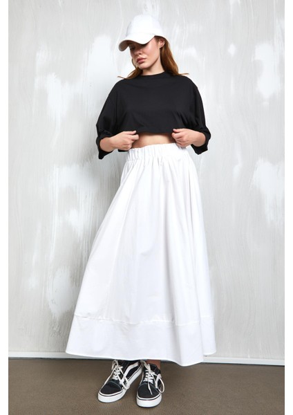Beyaz Poplin Beli Lastikli Uzun Etek 27321 fırsatları