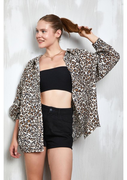 Leopar Baskılı Modal Kumaş Oversize Gömlek 27362