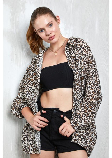 Leopar Baskılı Modal Kumaş Oversize Gömlek 27362