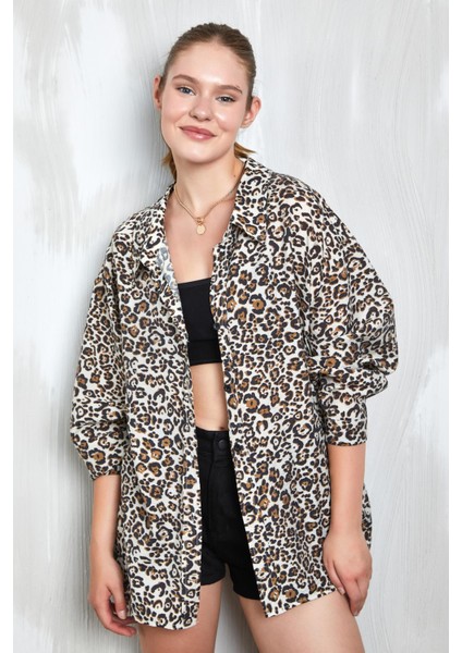 Leopar Baskılı Modal Kumaş Oversize Gömlek 27362