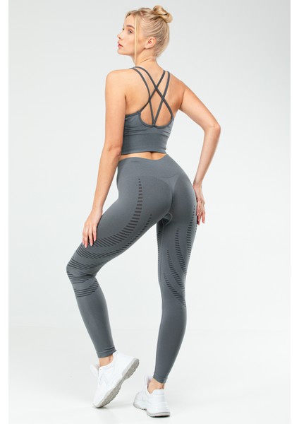Füme Slim Fit Yüksek Bel Toparlayıcı Crop Kadın Tayt Takım SSB0011 fırsatları