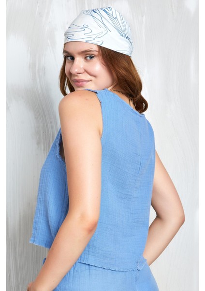 Indigo Müslin Kumaş Püsküllü Kolsuz Bluz 27354