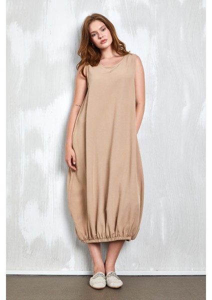 Camel Keten Altı Lastik Detaylı Elbise 27310