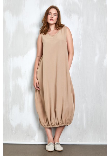 Camel Keten Altı Lastik Detaylı Elbise 27310