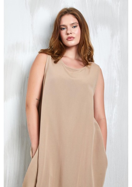 Camel Keten Altı Lastik Detaylı Elbise 27310