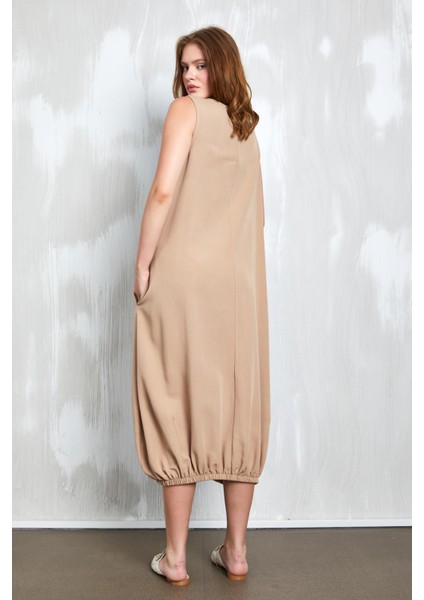 Camel Keten Altı Lastik Detaylı Elbise 27310