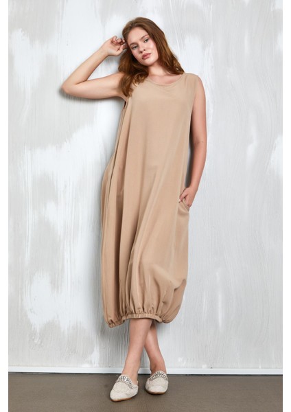Camel Keten Altı Lastik Detaylı Elbise 27310