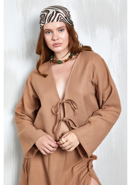 Camel Müslin Kumaş Önden Bağlamalı Bluz 27355